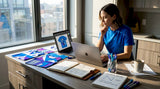 Designer creating apparel mockups in home workspace
