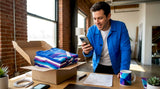 Event coordinator prepping shirts with phone and order sheet