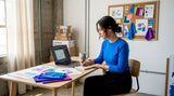 Founder working in home office with clothing samples