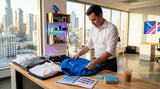 Brand manager reviews custom logo apparel samples