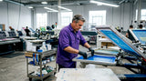Technician operating industrial screen printing press