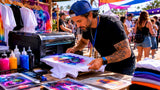 Small business owner printing t-shirt onsite