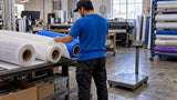 Operator comparing rolled banner materials by weight