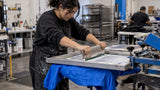 Screen printing a blue nylon jacket