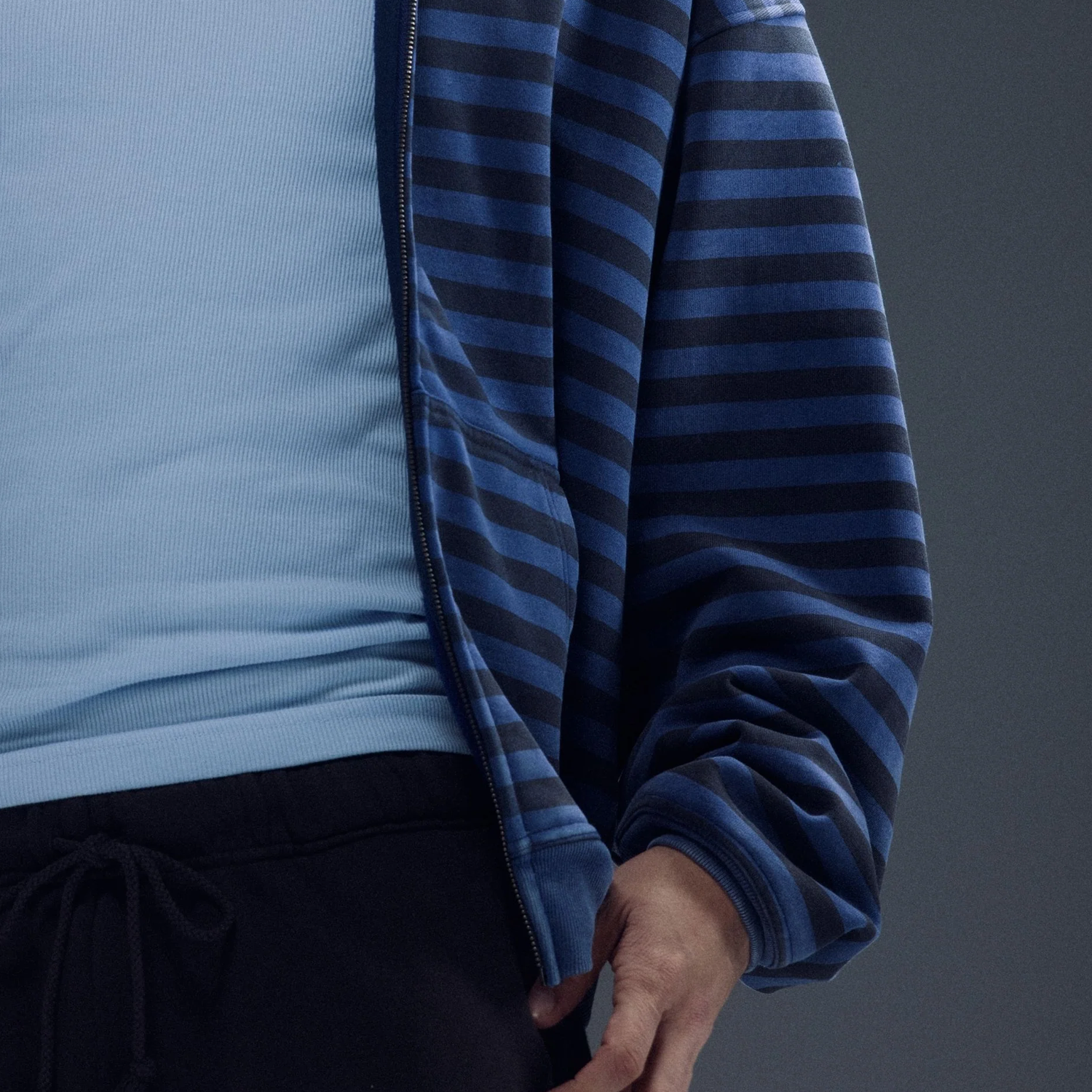 Vintage Black Blue Stripe Zip Hoodie